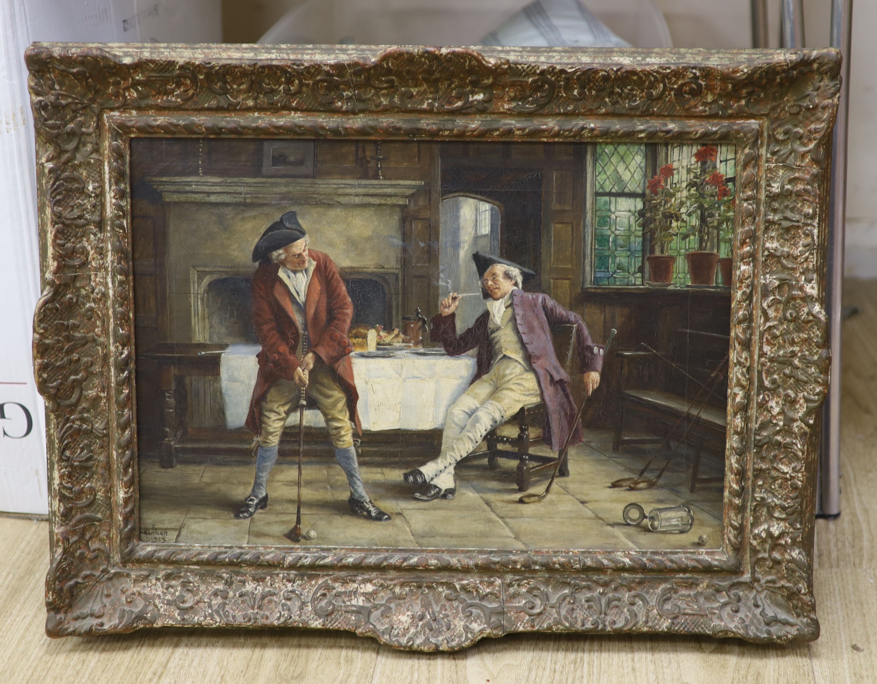 Frank Moss Bennett (1874-1952), oil on canvas, Georgian interior with golfers, signed and dated 1923, 34 x 49cm